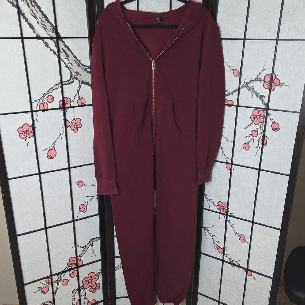 Burgundy Red Hooded Fleece Lined Zip Up Adult Onesie Jumpsuit Size Medium